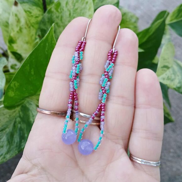 Dyed Jade Gemstone Spiral Beaded Dangle Earrings, Boho Chic Artisan Statement 3" - Picture 6 of 8